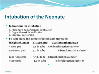 Intubation of the Neonate Indications for intubation   a. Prolonged bag and mask ventilation  b. Bag and mask is ineffective  c. Tracheal suctioning  ET tube sizes and correct suction catheter sizes :  Weight of Infant   ET tube Size   Suction catheter size   < 1000 gms    2.5 Et tube   5-6 french suction catheter 1000-2000 gms  3.0 Et tube    6 french suction catheter 2000-3000 gms  3.5 Et tube   8 french suction catheter >3000 gms    4.0 Et tube 8 french suction catheter 27/09/11 