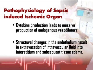 Cytokine production leads to massive production of endogenous vasodilators. Structural changes in the endothelium result in extravasation of intravascular fluid into interstitium and subsequent tissue edema. 