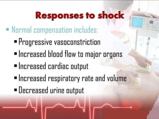 Normal compensation includes : Progressive vasoconstriction Increased blood flow to major organs Increased cardiac output Increased respiratory rate and volume Decreased urine output 