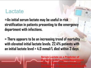 Lactate Serum Lactate as a Predictor of Mortality in Emergency Department Patients With Infection  Annals of Emergency Medicine  2005,45:524-528 .  = An initial serum lactate may be useful in risk stratification in patients presenting to the emergency department with infections.  = There appears to be an increasing trend of mortality with elevated initial lactate levels. 22.4% patients with an initial lactate level > 4.0 mmol/L died within 3 days 