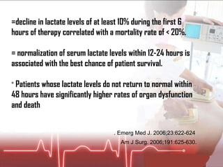 =decline in lactate levels of at least 10% during the first 6 hours of therapy correlated with a mortality rate of < 20%. = normalization of serum lactate levels within 12-24 hours is associated with the best chance of patient survival. =  Patients whose lactate levels do not return to normal within 48 hours have significantly higher rates of organ dysfunction and death . Emerg Med J. 2006;23:622-624 Am J Surg. 2006;191:625-630.  