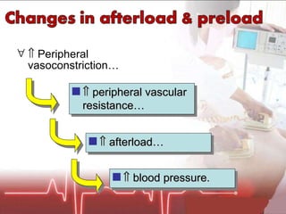    Peripheral vasoconstriction…    peripheral vascular resistance…    afterload…    blood pressure. 