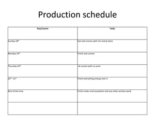 Production schedule
Day/Lesson Tasks
Sunday 18th Get solo scenes with me nearly done
Monday 19th Finish solo scenes
Thursday 24th do scenes with co actor
25th- 31st Finish everything and go over it
Rest of the time Finish trailer and evaulation and any other written work
 