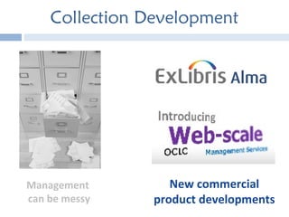 Collection Development New commercial product developments Management  can be messy 
