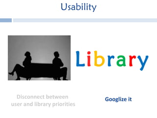 Usability L i b r a r y Googlize it Disconnect between  user and library priorities 