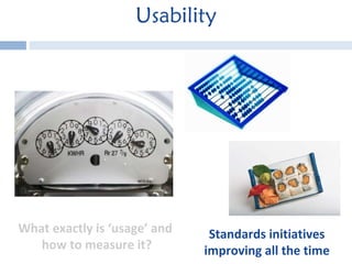 Usability Standards initiatives improving all the time What exactly is ‘usage’ and  how to measure it? 