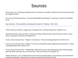 Sources Porter, Leslie, et al. "Making Unmediated Access to E-Resources a Reality."  Reference & User Services Quarterly  48.3 (2009): 287-301.  Rux, Erika, and Theresa Borchert. "You Have HOW MANY Spreadsheets?."  Computers in Libraries  30.8 (2010): 21-25.  Salo, Dorothea. “Turning Collection Development Inside Out.” Webcast. 7 Mar. 2011.  http://lonewolflibrarian.wordpress.com/2011/03/07/turning-collection-development-inside-out-03-07-11/   "State of America's Libraries: Usage Soars, Funding Shrinks."  American Libraries  41.5 (2010): 13-14.  Sutherland, Michael, and Jason Clark. "Virtual Journal Room: MSU Libraries Table of Contents Service. (Cover story)."  Computers in Libraries  29.2 (2009): 6-43.  Trainor, Cindi, and Jason Price. "Chapter 1: Introduction."  Library Technology Reports  46.7 (2010): 5-10.  Trainor, Cindi, and Jason Price. "Chapter 4: The Future of OpenURL Linking: Adaptation and Expansion."  Library Technology Reports  46.7 (2010): 27-33. Trainer, Cindi, and Jason Price. "TECHNOLOGY: Dispatches from the Field. Rethinking Library Linking: Making open URL better with data, data, and more data."  American Libraries  41.10 (2010): 34. Warlick, Stefanie E., et al. "Finding Articles and Journals via Google Scholar, Journal Portals, and Link Resolvers: Usability Study Results."  Reference & User Services Quarterly  50.2 (2010): 170-181.  Weber, Lynne, and Peg Lawrence. "Authentication and Access: Accommodating Public Users in an Academic World."  Information Technology & Libraries  29.3 (2010): 128-140. Weintraub, Jennifer, and Melissa Wisner. "MASS Digitization at Yale University Library: Exposing the Treasures in Our Stacks."  Computers in Libraries  28.9 (2008): 10-16.  Wu, Annie, and Anne M. Mitchell. "Mass Management of E-Book Catalog Records: Approaches, Challenges, and Solutions."  Library Resources & Technical Services  54.3 (2010): 164-174.  