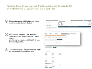 Disposez de plusieurs espaces de travail pour chacune de vos activités…
en invitant toutes les personnes que vous souhaitez




  Disposez d’un espace indépendant pour chaque
  environnement ou domaine d’activité




  Vous souhaitez « attachez » une personne :
  collaborateur, client, expert comptable, …à votre
  espace ?
  Une fois inscrite gratuitement, il lui suffit de vous
  demander d’y accéder .




  Lecteur ? Contributeur ? Vous choisissez les droits
  que vous souhaitez donner à votre invité
 