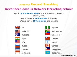 Company   Record Breaking Never been done in Network Marketing before! TVI did  $ 3 Million in Sales  the first Month of pre launch (January 2009) TVI launched in  10 countries  worldwide! We are now in  150 countries  and counting UK Malaysia Australia India USA Russia Thailand Indonesia Nigeria South Africa Singapore Taiwan Israel Canada Philippines Kazakhstan And many more... 
