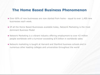 The Home Based Business Phenomenon

• Over 60% of new businesses are now started from home - equal to over 1,400 new
  businesses each week.

• Of all the Home Based Businesses available today, Network Marketing is the most
  dominant Business Model

• Network Marketing is a vibrant industry offering employment to over 43 million
  people worldwide with a turnover exceeding $75 billion in worldwide sales

• Network marketing is taught at Harvard and Stanford business schools and in
  numerous other leading colleges and universities throughout the world
 