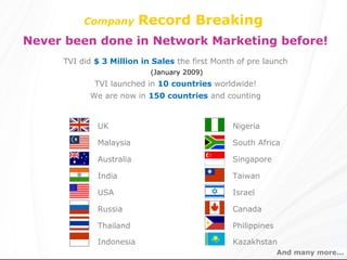 Company        Record Breaking
Never been done in Network Marketing before!
     TVI did $ 3 Million in Sales the first Month of pre launch
                           (January 2009)
             TVI launched in 10 countries worldwide!
           We are now in 150 countries and counting


             UK                                 Nigeria

             Malaysia                           South Africa

             Australia                          Singapore

             India                              Taiwan

             USA                                Israel

             Russia                             Canada

             Thailand                           Philippines

             Indonesia                          Kazakhstan
                                                              And many more...
 