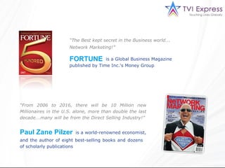 “The Best kept secret in the Business world...
                      Network Marketing!”

                      FORTUNE         is a Global Business Magazine
                      published by Time Inc.'s Money Group




“From 2006 to 2016, there will be 10 Million new
Millionaires in the U.S. alone, more than double the last
decade...many will be from the Direct Selling Industry!”


Paul Zane Pilzer         is a world-renowned economist,
and the author of eight best-selling books and dozens
of scholarly publications
 