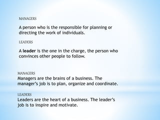 MANAGERS 
A person who is the responsible for planning or 
directing the work of individuals. 
LEADERS 
A leader is the one in the charge, the person who 
convinces other people to follow. 
MANAGERS 
Managers are the brains of a business. The 
manager’s job is to plan, organize and coordinate. 
LEADERS 
Leaders are the heart of a business. The leader’s 
job is to inspire and motivate. 
 