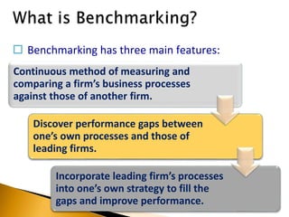 Continuous method of measuring and
comparing a firm’s business processes
against those of another firm.
Discover performance gaps between
one’s own processes and those of
leading firms.
Incorporate leading firm’s processes
into one’s own strategy to fill the
gaps and improve performance.
 Benchmarking has three main features:
 