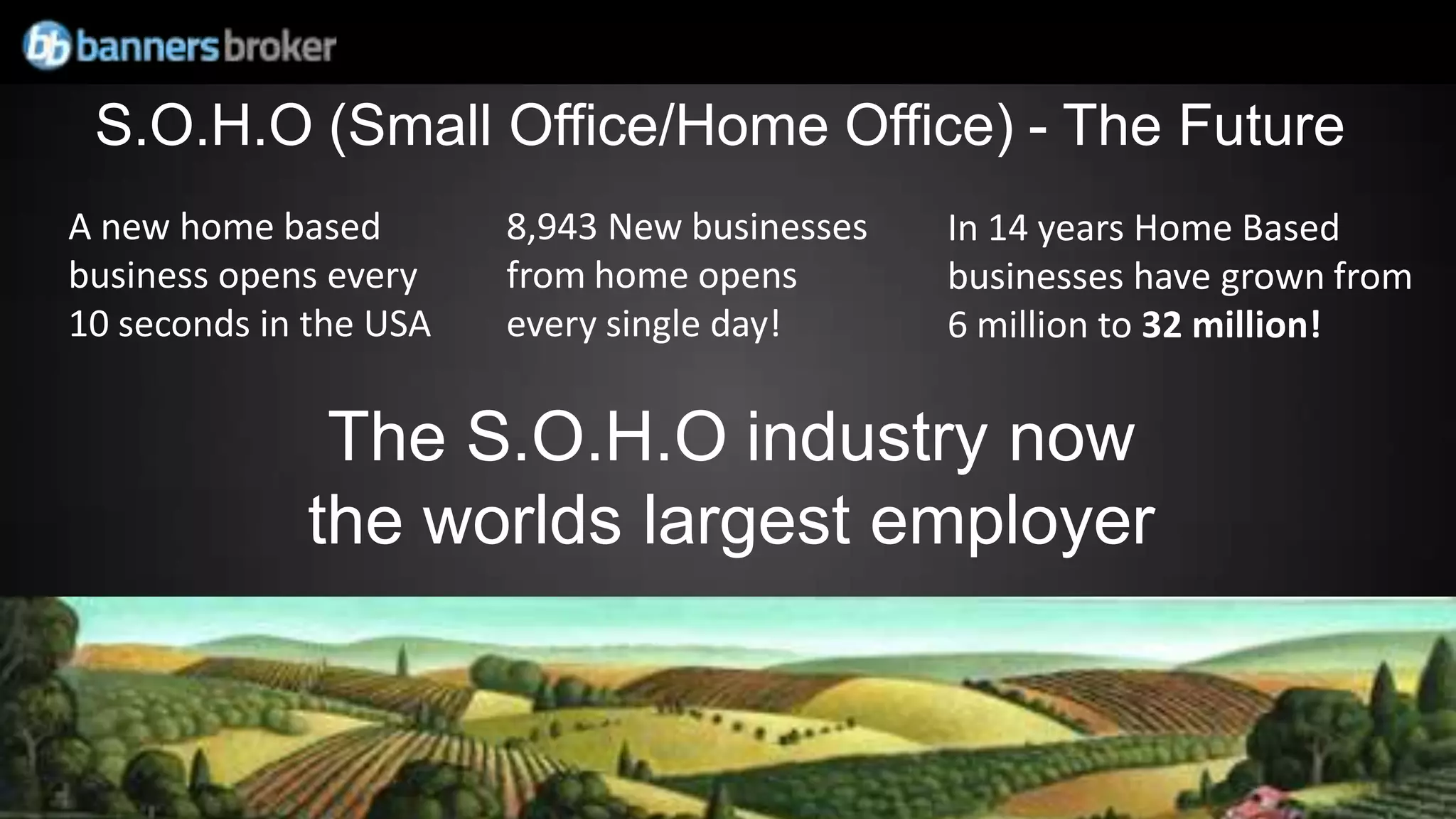 S.O.H.O (Small Office/Home Office) - The Future
A new home based        8,943 New businesses   In 14 years Home Based
business opens every    from home opens        businesses have grown from
10 seconds in the USA   every single day!      6 million to 32 million!


              The S.O.H.O industry now
             the worlds largest employer
 