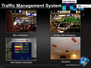 Traffic Management system




       Bay Indicators         Empty Slot Indicators




     Slot Status Indicators          Sensors
                                         www.gesystems.net
15
 