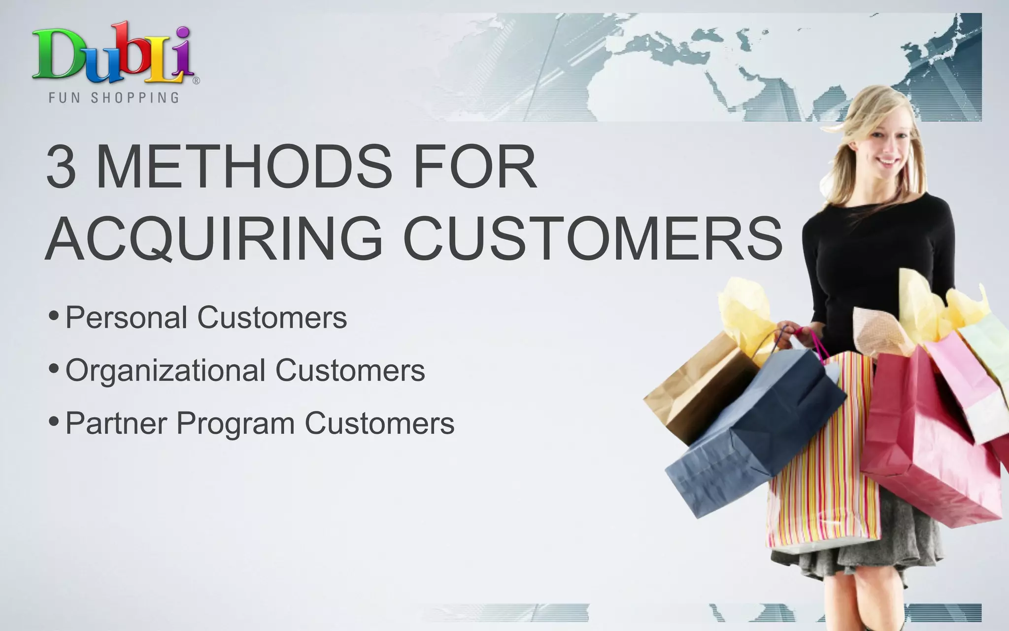 3 METHODS FOR ACQUIRING CUSTOMERS Personal Customers Organizational Customers Partner Program Customers 