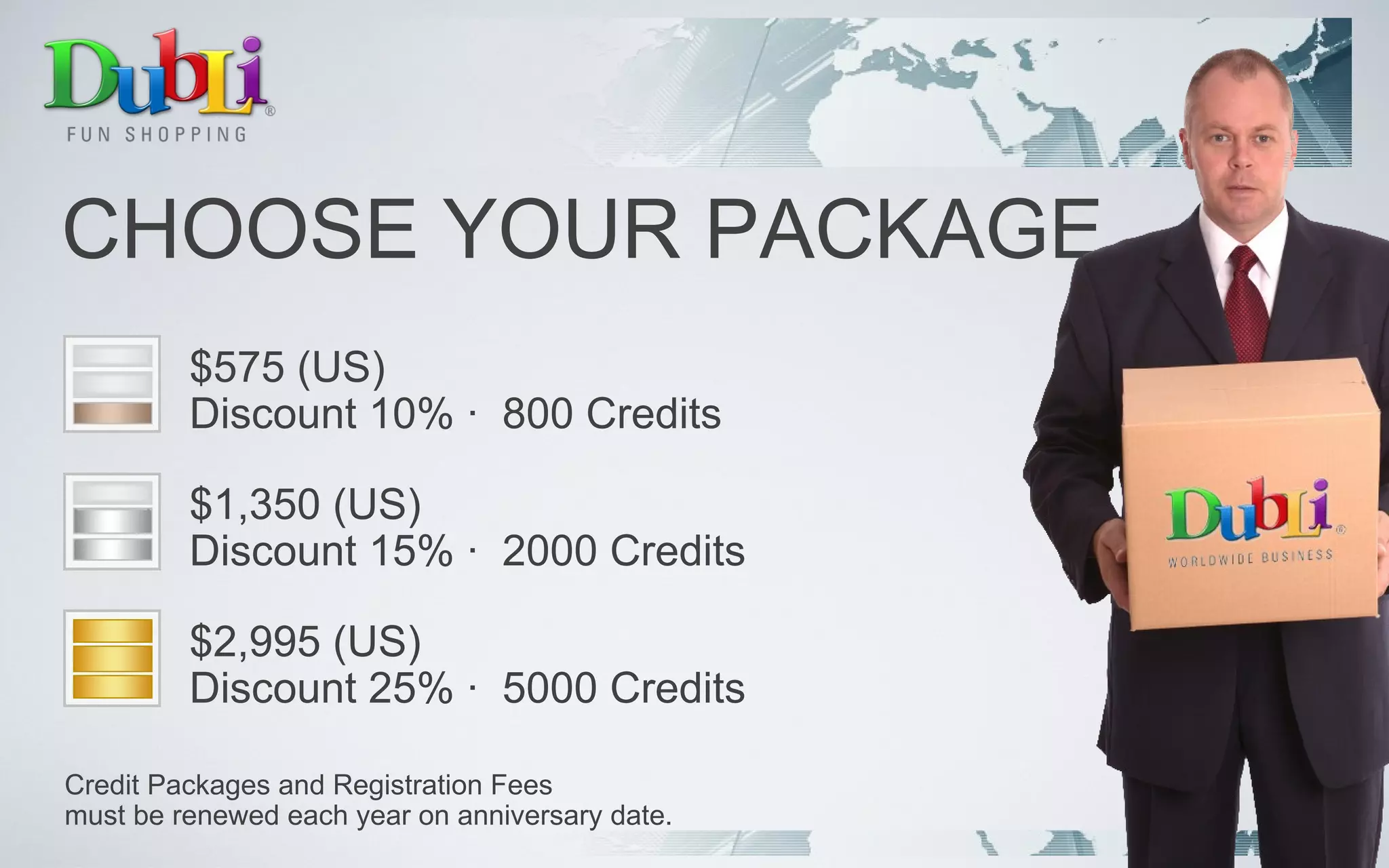 CHOOSE YOUR PACKAGE $575 (US)  Discount 10% ·  800 Credits Credit Packages and Registration Fees must be renewed each year on anniversary date. $2,995 (US)  Discount 25% ·  5000 Credits $1,350 (US)  Discount 15% ·  2000 Credits 