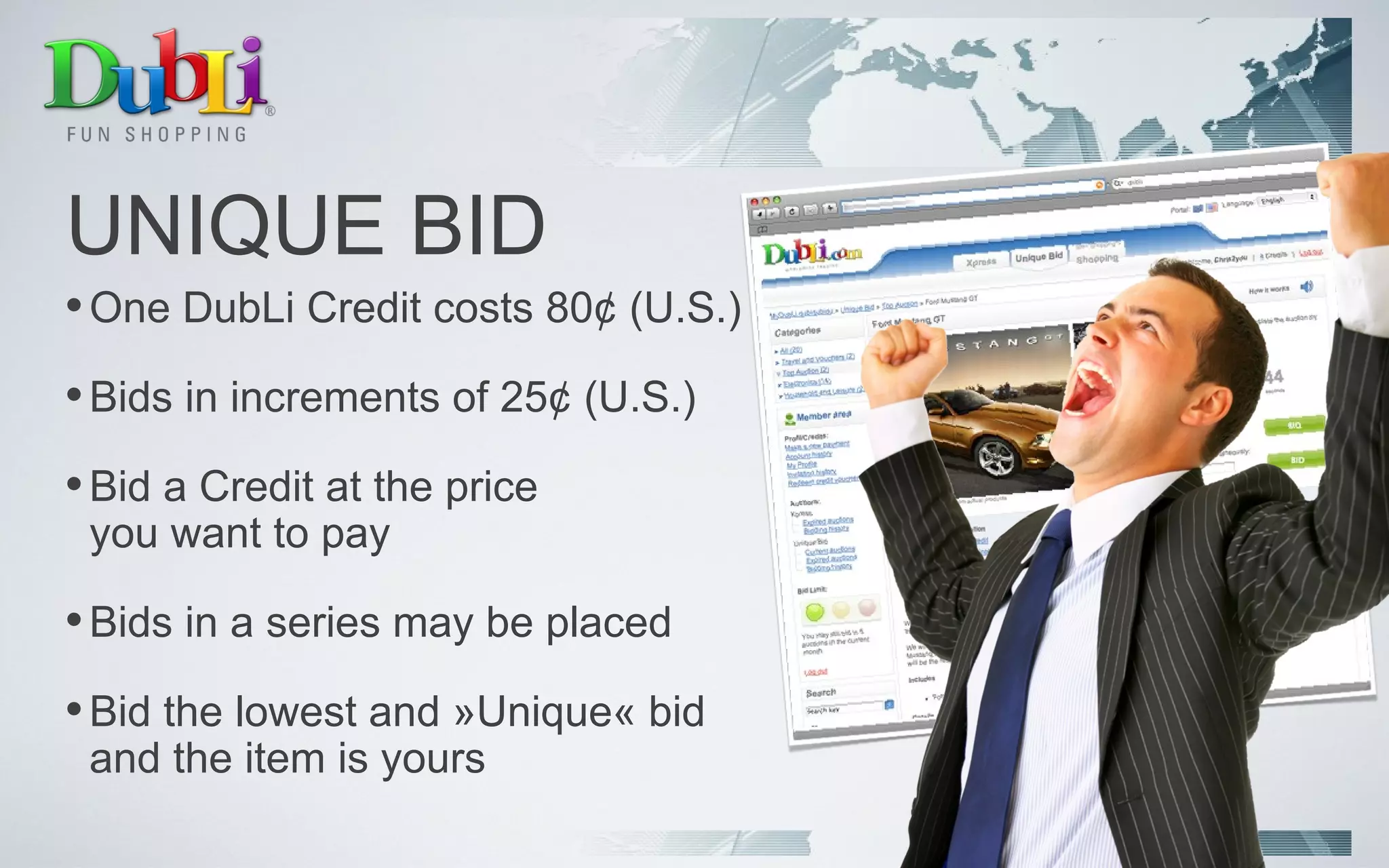 UNIQUE BID One DubLi Credit costs 80¢ (U.S.) Bids in increments of 25¢ (U.S.) Bid a Credit at the price you want to pay Bids in a series may be placed Bid the lowest and »Unique« bid  and the item is yours   