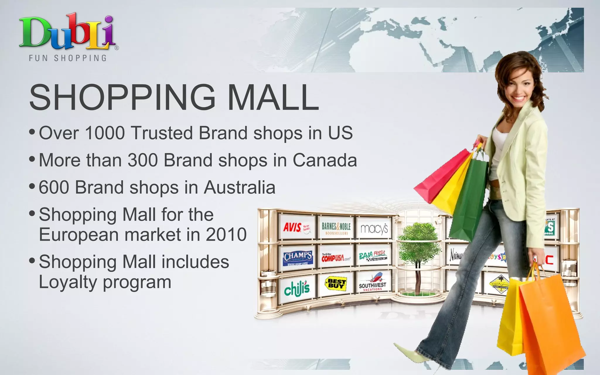 SHOPPING MALL Over 1000 Trusted Brand shops in US More than 300 Brand shops in Canada 600 Brand shops in Australia  Shopping Mall for the  European market in 2010 Shopping Mall includes  Loyalty program 