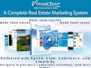 Delivered with Speed, Style, Substance, and Simplicity Designed to give you a competitive advantage, land more listings, generate more leads and get more referrals MORE THAN VIDEOS  MORE THAN PHOTOS  MORE THAN TOURS 