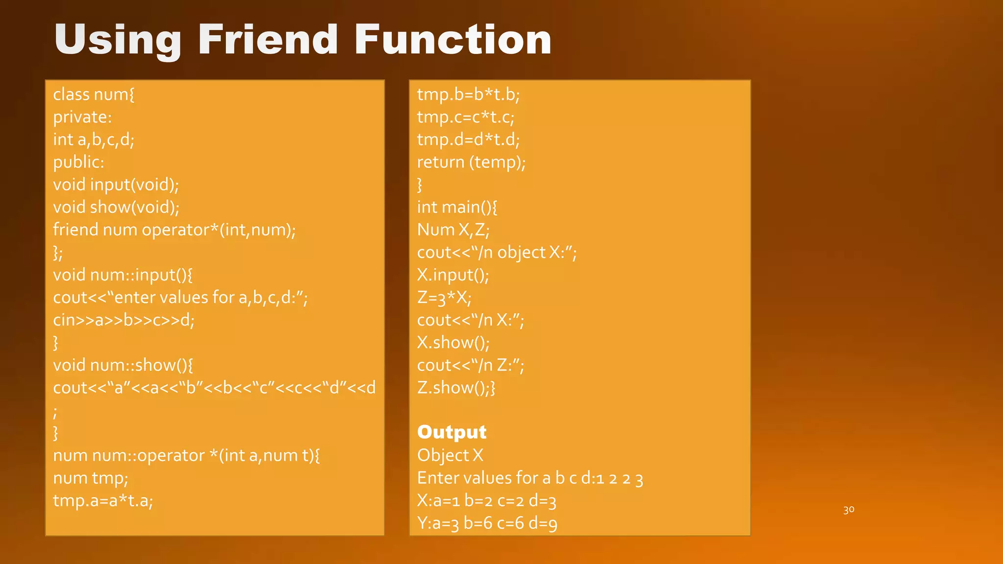 30
class num{
private:
int a,b,c,d;
public:
void input(void);
void show(void);
friend num operator*(int,num);
};
void num::input(){
cout<<“enter values for a,b,c,d:”;
cin>>a>>b>>c>>d;
}
void num::show(){
cout<<“a”<<a<<“b”<<b<<“c”<<c<<“d”<<d
;
}
num num::operator *(int a,num t){
num tmp;
tmp.a=a*t.a;
tmp.b=b*t.b;
tmp.c=c*t.c;
tmp.d=d*t.d;
return (temp);
}
int main(){
Num X,Z;
cout<<“/n object X:”;
X.input();
Z=3*X;
cout<<“/n X:”;
X.show();
cout<<“/n Z:”;
Z.show();}
Output
Object X
Enter values for a b c d:1 2 2 3
X:a=1 b=2 c=2 d=3
Y:a=3 b=6 c=6 d=9
 
