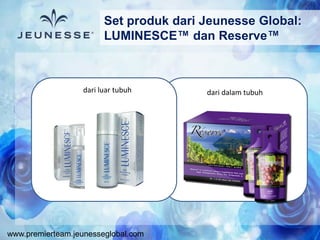 www.premierteam.jeunesseglobal.com
Set produk dari Jeunesse Global:
LUMINESCE™ dan Reserve™
dari luar tubuh dari dalam tubuh
 