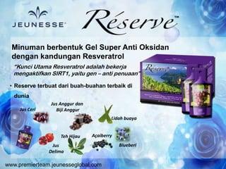 www.premierteam.jeunesseglobal.com
• Reserve terbuat dari buah-buahan terbaik di
dunia
Minuman berbentuk Gel Super Anti Oksidan
dengan kandungan Resveratrol
“Kunci Utama Resveratrol adalah bekerja
mengaktifkan SIRT1, yaitu gen – anti penuaan”
Jus Anggur dan
Biji AnggurJus Ceri
BlueberiJus
Delima
Teh Hijau
Lidah buaya
Açaiberry
 