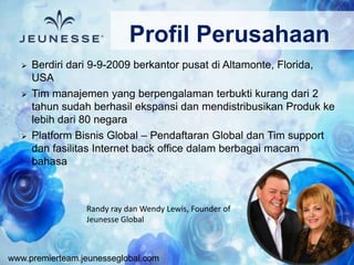 www.premierteam.jeunesseglobal.com
 Berdiri dari 9-9-2009 berkantor pusat di Altamonte, Florida,
USA
 Tim manajemen yang berpengalaman terbukti kurang dari 2
tahun sudah berhasil ekspansi dan mendistribusikan Produk ke
lebih dari 80 negara
 Platform Bisnis Global – Pendaftaran Global dan Tim support
dan fasilitas Internet back office dalam berbagai macam
bahasa
Profil Perusahaan
Randy ray dan Wendy Lewis, Founder of
Jeunesse Global
 
