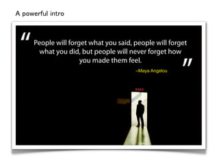 A powerful intro



      People will forget what you said, people will forget
        what you did, but people will never...