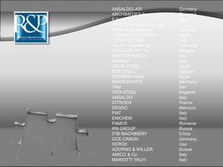THANK YOU
ANSALDO- ASI Germany
ARCHIMEDES Eng. Romania
E.P.A.P . Egypt
HASCON Engineering Italy
REINER Engineering Marocco
TECNICAS REUNIDA Spain
T CONSULTING Italy
TO-DO Engineering Germany
ARCELOR MITTAL Belgium
BARDSIR STEEL Iran
DANIELI Italy
DELTA STEEL Egypt
ESB STEEL Belgium
ESERBINI Steel Egypt
MARIESHUTTE Germany
TAM Iran
TATA STEEL England
ANSALDO Italy
CITROEN France
DENSO Marocco
FIAT Italy
ENICHEM Italy
FAMOS Romania
IPA GROUP Russia
ITIB MACHINERY China
OCE CANON Germany
XEROX Usa
ADORNO & WILLER Suisse
AMICO & Co Italy
MARIOTTI YACH Italy
 