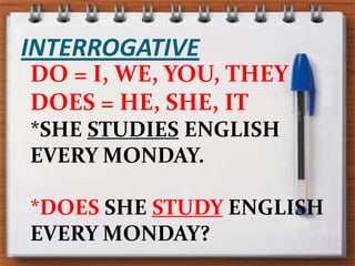 INTERROGATIVEDO = I, WE, YOU, THEYDOES = HE, SHE, IT*SHE STUDIES ENGLISH EVERY MONDAY.*DOES SHE STUDY ENGLISH EVERY MONDAY?