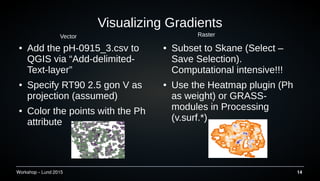 Workshop C Lund 2015 14
Visualizing Gradients
 Add the pH-0915_3.csv to
QGIS via Add-delimited-
Text-layer
 Specify RT90 2.5 gon V as
projection (assumed)
 Color the points with the Ph
attribute
 Subset to Skane (Select C
Save Selection).
Computational intensive!!!
 Use the Heatmap plugin (Ph
as weight) or GRASS-
modules in Processing
(v.surf.*)
Vector Raster
 