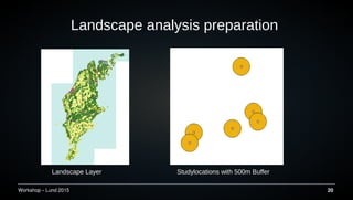 Workshop C Lund 2015 20
Landscape analysis preparation
Landscape Layer Studylocations with 500m Buffer
 
