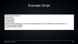 Workshop C Lund 2015 34
Example Script
##[Own Scripts]=group
##showplots
##layer=vector
##y=field layer
##x=field layer
plot(as.numeric( layer[[y]] )~as.numeric( layer[[x]] ),pch=19,bty="l",ylab=paste( y ),xlab=paste( x ) )
fit = lm( layer[[y]]~layer[[x]] )
abline(fit,col="blue",lwd=2)
 