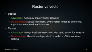 Workshop C Lund 2015 7
Raster vs vector
 Vector
C Advantage: Accuracy, more visually pleasing
C Disadvantage: Space-inefficient. Every vertex needs to be stored.
Algorithms computational intensive.
 Raster
C Advantage: Geogr. Position associated with data, easier for analysis
C Disadvantage: Resolution dependent on cellsize. Often not nice-
looking
 