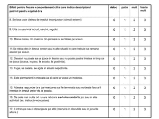 3 2 1 0 16. De cele mai multe ori nu are rabdare  sa-i vina randul  la joc sau in alte activitati (ex. instructiv-educative). 3 2 1 0 14. Este permanent in miscare ca si cand ar avea un motoras. 3 2 1 0 13. Fuge, se catara, se agita in situatii nepotrivite. 3 2 1 0 17. Ii intrerupe sau ii deranjeaza pe altii (intervine in discutiile sau in jocurile altora.) 3 2 1 0 15. Adesea raspunde fara ca intrebarea sa fie terminata sau vorbeste fara a fi intrebat in timpul orelor de la scoala. 3 2 1 0 12. Deseori nu poate sa se joace in liniste sau nu poate pastra linistea in timp ce se joaca (acasa, in parc, la scoala, la gradinita). 3 2 1 0 11.Se ridica des in timpul orelor sau in alte situatii in care trebuie sa ramana asezat pe scaun. 3 2 1 0 10. Misca mereu din maini si din picioare si se fataie pe scaun. 3 2 1 0 9. Uita cu usurinta lucruri, sarcini, regului. 3 2 1 0 8. Se lasa usor distras de mediul inconjurator (stimuli externi) foarte mult mult putin deloc Bifati pentru fiecare comportament cifra care indica descriptorul potrivit pentru copilul dvs  