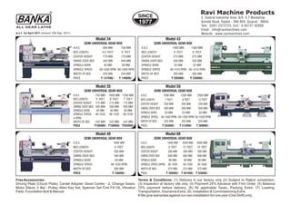 SPECIFICATIONS
SEMI UNIVERSAL GEAR BOX
Model 34 Model 35
A. B. C. 600 mm 750 mm 1000 mm 750 mm 1000 mm 1200 mm
BED LENGTH 4.5’ feet 5’ feet 6’ feet 5’ feet 6’ feet 7’ feet
CENTER HEIGHT 170 mm 170 mm 170 mm 175 mm 175 mm 175 mm
SWING OVER BED 340 mm 340 mm 340 mm 350 mm 350 mm 350 mm
SPINDLE BORE 40 mm 40 mm 40 mm 40 mm 40 mm 40 mm
SPINDLE SPEED (rpm) 60-1050 60-1050 60-150 48-1535 48-1535 48-1535
WIDTH OF BED 240 mm 240 mm 240 mm 242 mm 242 mm 242 mm
SCALE (LxWxH Inch) 66”x31”x51” 72”x31”x51” 82”x31”x51 72”x37”x53” 82”x37”x53” 92”x37”x53”
WEIGHT (kg.) 550 kg. 600 kg. 650 kg. 750 kg. 850 kg. 950 kg.
PRICE (INR)
Recommended Recommended
w.e.f 1st Aug 2013
1
 