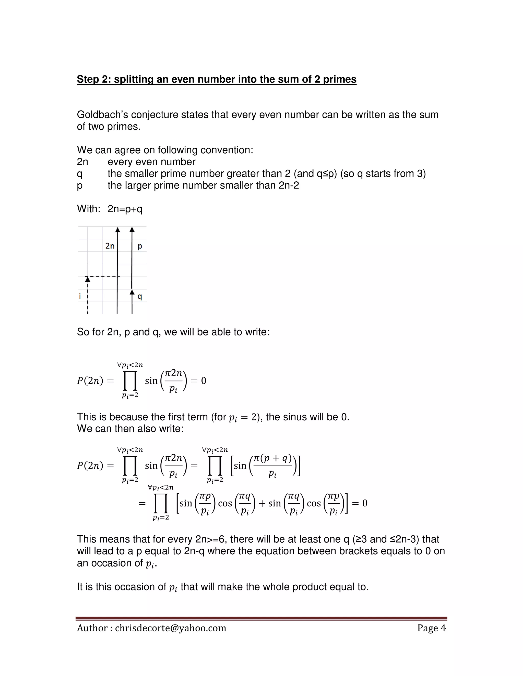Author : chrisdecorte@yahoo.com Page 4
Step 2: splitting an even number into the sum of 2 primes
Goldbach’s conjecture states that every even number can be written as the sum
of two primes.
We can agree on following convention:
2n every even number
q the smaller prime number greater than 2 (and q≤p) (so q starts from 3)
p the larger prime number smaller than 2n-2
With: 2n=p+q
So for 2n, p and q, we will be able to write:
ܲ(2݊ሻ = ෑ sin ൬
ߨ2݊
‫݌‬௜
൰ = 0
∀௣೔ழଶ௡
௣೔ୀଶ
This is because the first term (for ‫݌‬௜ = 2), the sinus will be 0.
We can then also write:
ܲ(2݊ሻ = ෑ sin ൬
ߨ2݊
‫݌‬௜
൰ =
∀௣೔ழଶ௡
௣೔ୀଶ
	 ෑ ൤sin ൬
ߨ(‫݌‬ + ‫ݍ‬ሻ
‫݌‬௜
൰൨
∀௣೔ழଶ௡
௣೔ୀଶ
= ෑ ൤sin ൬
ߨ‫݌‬
‫݌‬௜
൰ cos ൬
ߨ‫ݍ‬
‫݌‬௜
൰ + sin ൬
ߨ‫ݍ‬
‫݌‬௜
൰ cos ൬
ߨ‫݌‬
‫݌‬௜
൰൨
∀௣೔ழଶ௡
௣೔ୀଶ
= 0
This means that for every 2n>=6, there will be at least one q (≥3 and ≤2n-3) that
will lead to a p equal to 2n-q where the equation between brackets equals to 0 on
an occasion of ‫݌‬௜.
It is this occasion of ‫݌‬௜ that will make the whole product equal to.
 