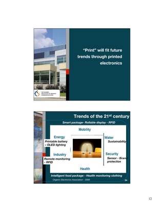 “Print” will ﬁt future
                              trends through printed
                                              electronics




                          Trends of the 21st century
               Smart package- Rollable display - RFID




Printable battery                                 Sustainability
– OLED lighting




Remote monitoring                                Sensor - Brand
- RFID                                           protection




    Intelligent food package - Health monitoring clothing
     Organic Electronics Association - 2009                   24




                                                                   12
 