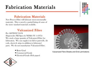 Fabrication Materials
Fabrication Materials
New Process Fibre will fabricate most non-metallic
materials. This is merely a partial listing of some of
the more standard materials available.
Vulcanized Fibre
Per ASTM D 710-94
(Supersedes Mil Specs & NEMA VU 1-1971)
We stock a large quantity of Vulcanized Fibre for
fabrication. We can supply it in full or part-rolls, slit
coils, sheets & strips in addition to fabricated
parts. We do not manufacture Vulcanized Fibre.
● Bone Grad
● Commercial Grade
● Electrical Grade (Fish paper)
Vulcanized Fibre Sheets and End Laminations
 