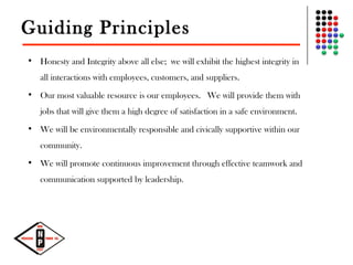 Guiding Principles
• Honesty and Integrity above all else; we will exhibit the highest integrity in
all interactions with employees, customers, and suppliers.
• Our most valuable resource is our employees.  We will provide them with
jobs that will give them a high degree of satisfaction in a safe environment.
• We will be environmentally responsible and civically supportive within our
community.
• We will promote continuous improvement through effective teamwork and
communication supported by leadership.
 