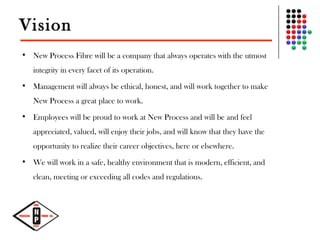 Vision
• New Process Fibre will be a company that always operates with the utmost
integrity in every facet of its operation. 
• Management will always be ethical, honest, and will work together to make
New Process a great place to work.
• Employees will be proud to work at New Process and will be and feel
appreciated, valued, will enjoy their jobs, and will know that they have the
opportunity to realize their career objectives, here or elsewhere.
• We will work in a safe, healthy environment that is modern, efficient, and
clean, meeting or exceeding all codes and regulations.
 