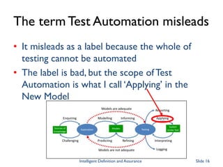 The term Test Automation misleads
• It misleads as a label because the whole of
testing cannot be automated
• The label is bad, but the scope of Test
Automation is what I call ‘Applying’ in the
New Model
Intelligent Definition and Assurance Slide 16
 