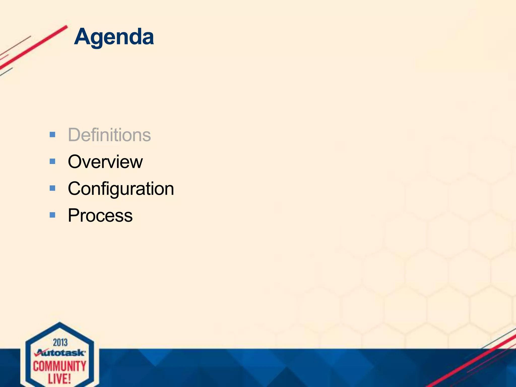 Agenda






Definitions
Overview
Configuration
Process

 