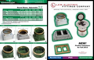 Lew Electric Fittings Company
                                                                                                   For more information, call 630-665-2075
    Commercial                                                                                                      www.lewelectric.com
    »»»»
                                                                                                                                                   L
        |   |   Access Series   Round Boxes   Rectangular Boxes | Nozzles | Junction Boxes | Crossovers

                                                                                                                                                        L e w Ele ct r ic
                                                        Round Boxes, Adjustable                                                 32                           F it t in g s Com pany
        	
        				                                                      DIMENSIONS	 ADJUST	 ADJUST	 interior	CONDUIT	 MAX                                  serving the electrical industry since 1901
        	 catalog #	 DESCRIPTION	                                 A	    B	    BEFORE	 AFTER	 CAPACITY	OPENINGS	 TAP
        	 532-58 1	        Deep, cast box, fully adjustable	4 1/4"	4 3/16"	X	                  3/8"	       32 Cu. In.	   Sides (4) 3/4"	1 1/4"
        	 532-SB-58 1	  Shallow, cast box, fully adjustable	4 /4"	3 /16"	X	
                                                                    1       5            /8"	 24 Cu. In.	
                                                                                               3            Sides (4) 3/4"	1 1/4"
        	 532-SMB	      Deep Stamped Steel, fully adjustable	4 11/16"	3 3/4"	2 1/4"	    1/ "	
                                                                                          2   57 Cu. In.	   1/ ", 3/ ", 1", 11/ "	none
                                                                                                              2     4            4

        	 532-SB-SMB 3	 Shallow, Stamped Steel, fully adjustable	4 16
                                                                  11/ "	2 13/ "	2 1/ "	
                                                                             16     4
                                                                                        1/ "	
                                                                                          2   43.8 Cu. In.	 Sides (2) 3/4", 1/2", 3/4"	none
        									 Sides (2) 1/2", 3/4", 1/2"		
        	
        				                                                     DIMENSIONS	 ADJUST	 ADJUST	 interior	CONDUIT	 MAX
        	 catalog #	 DESCRIPTION	                                 A	       B	      BEFORE	 AFTER	 CAPACITY	OPENINGS	 TAP
        	 332-58 1	        Shallow, cast box, semi adjustable	4 1/4"	      2"	     1"	         X	          12 Cu. In.	   Sides (4) 3/4" 	1"
        	 MW-332-58 1	     Core drill cast box, semi adjustable	4 1/4"	2"	 1/2"	               X	          12 Cu. In.	   Sides (4) 3/4" 2	   1"

	       Add -A for Aluminum finish; 2 additional 3/4" conduit opening in bottom of box;
	      3 additional 3/4" (2) & 1/2" (2) conduit openings in bottom
»»     All boxes UL listing #514A

    532-SMB                                             532-SB-SMB                                           532-58

                       A
                                                                           A




                                               B
                                                                                                       B




    532-SB-58                                           332-58                                               MW-332-58
                                                                                                                                                                                   NEW!
                                                                                                                                                                               Product Solutions
                                                                                                                                                                                 for Fall 2012

                                                                                                                                                                                           Log on to
                                                                                                                                                                                   www.lewelectric.com
                                                                                                                                                                                   for complete line catalog
                                                                                                                                                                                       and specifications




                                                                                                                                                  Residential          PVC            Commercial
 