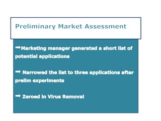 Effectively & Efficiently addressing the existing demandKey Steps in Viresolve Development Idea Generation Preliminary Market AssessmentPreliminary Technical AssessmentDetailed Market StudyProduct Development & TestingTrial SellCosting & Pricing Commercialization & Launch