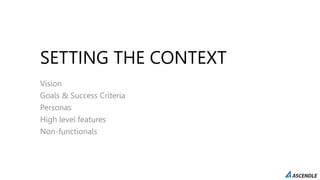SETTING THE CONTEXT
Vision
Goals & Success Criteria
Personas
High level features
Non-functionals
 