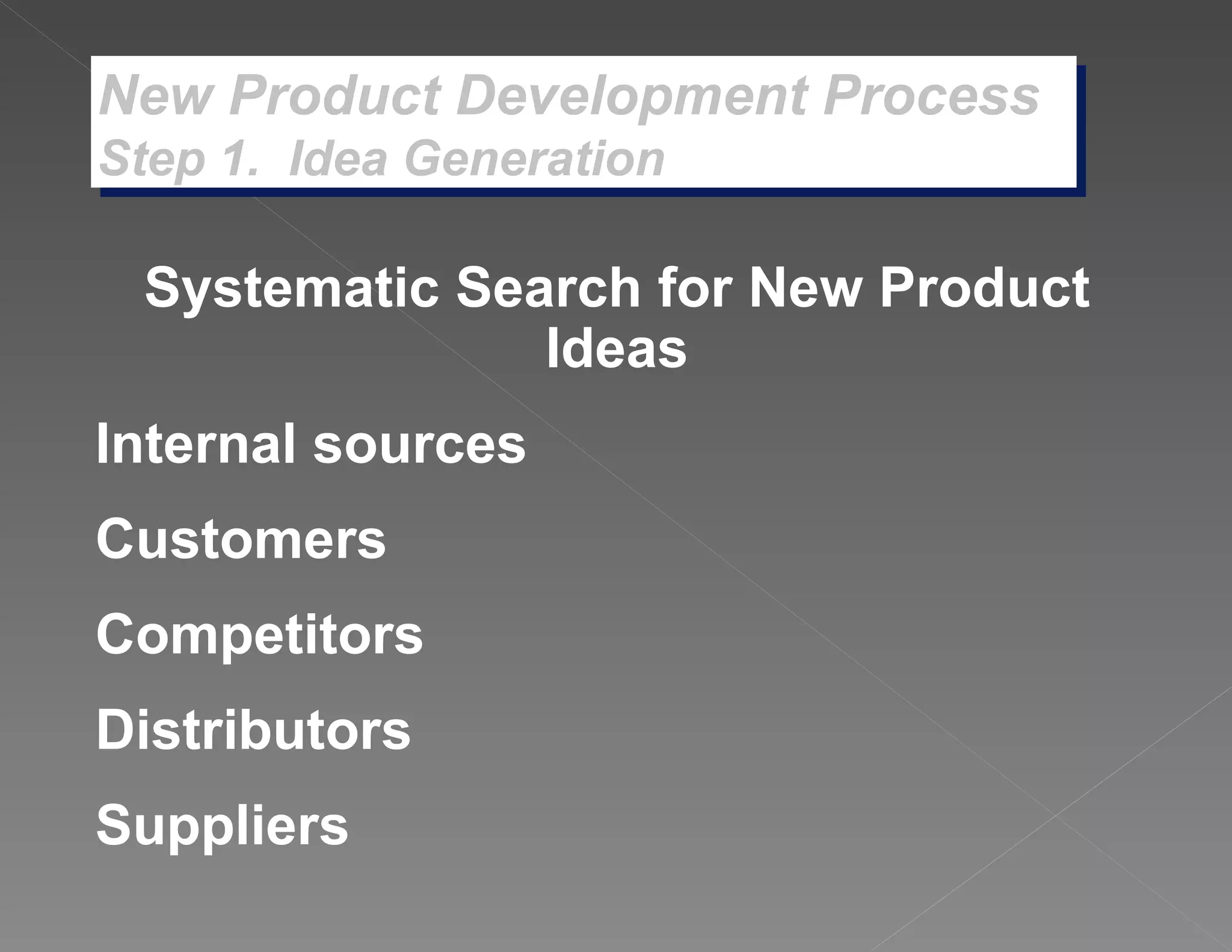 New Product Development Process Step 1.  Idea Generation Systematic Search for New Product Ideas Internal sources Customers  Competitors Distributors Suppliers 