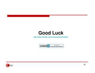 Good Luck
http://www.linkedin.com/in/anandsubramaniam




                                              32
 